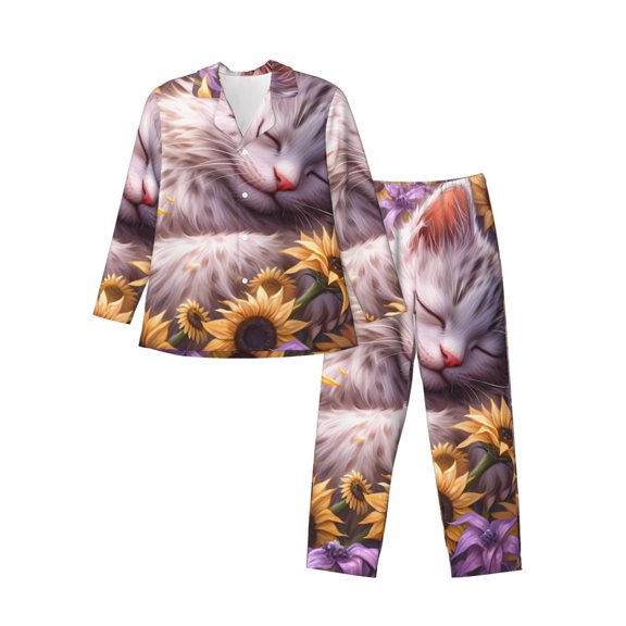 KLL Warm Sunflower Sleeping Cat Sleepwear Mens Flannel Pajamas,Long Cotton Pj Set