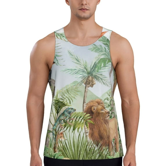 KLL Watercolor African Animals Wildlife Print Men's Muscle Gym Workout Stringer Tank Tops Bodybuilding Fitness T-Shirts Tank Tops Men-Large