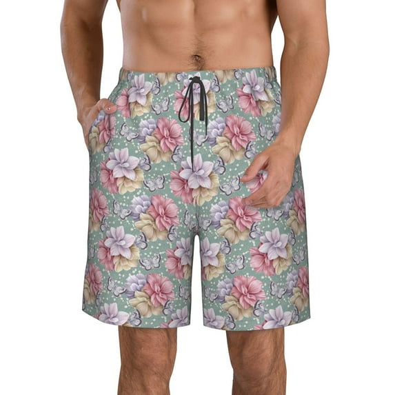 KLL Watercolor Butterflies Men's Casual Summer Beach Shorts Hawaiian Shorts with Pockets-Large