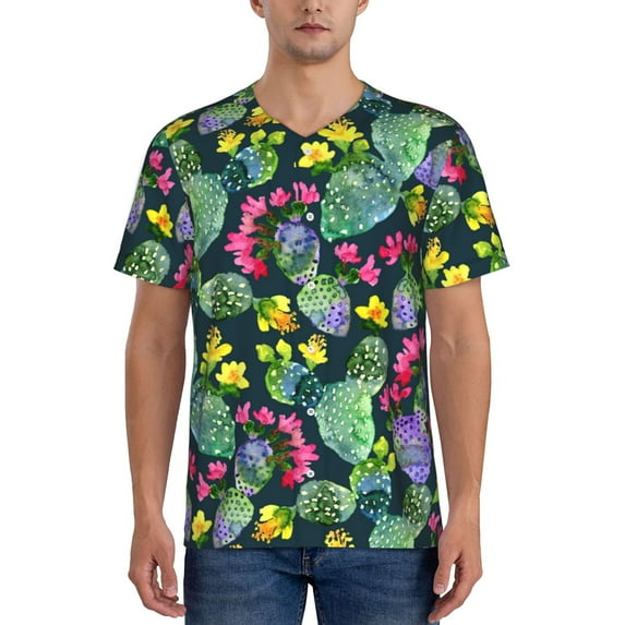KLL Watercolor Cactuses for Men's Baseball Shirts,Short Sleeve Casual Shirts Button Down Shirt for Men Beach Summer Wedding Shirt-Large