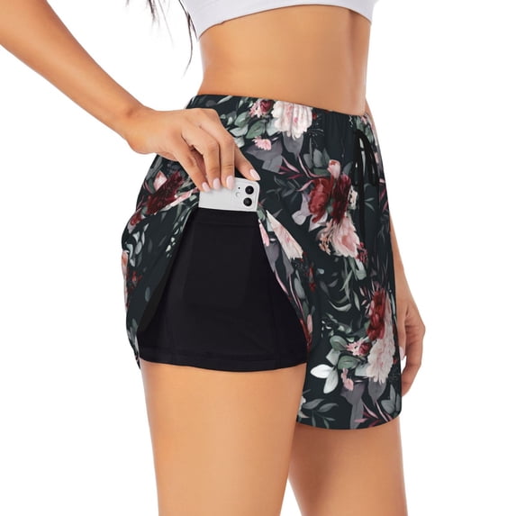 KLL Watercolor Floral Pattern Shorts Women,Athletic Shorts High Waisted Running Shorts Pocket Sporty Short Gym Elastic Workout Shorts-X-Large