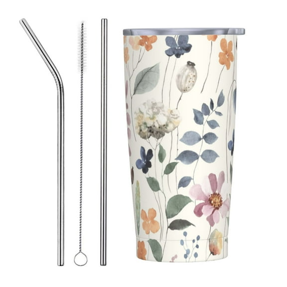 KLL Watercolor Floral Stainless Steel Vacuum Insulated Coffee Cup 20 oz Lids and Straws,Insulated Travel Mug Water Cup with Leak-Proof Straw Lid & Flip Lid