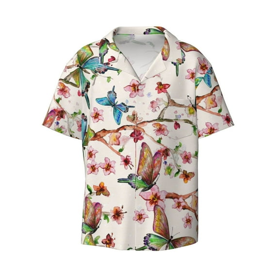 KLL Watercolor Floral With Butterflies Print Men's Shirt Short Sleeve Button Down Summer Cuba Beach Shirts- Medium