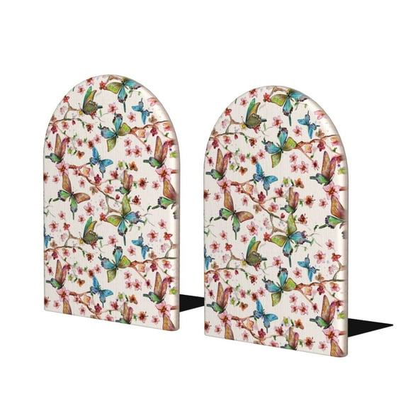 KLL Watercolor Floral With Butterflies Print Wood Book Ends for Shelves,1 Pair Wood Bookends Book Holder Stand Decorative, Book Stoppers for Heavy Duty Books CD File Video Games