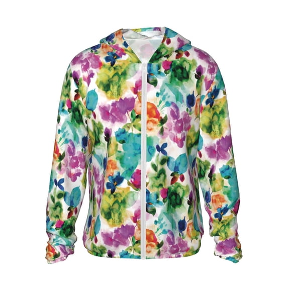 KLL Watercolor Flowers Print Men's Women’s UPF 50+ Sun Protection Outdoor Hoodie Jacket Long Sleeve Fishing Hiking Performance Shirt-3X-Large