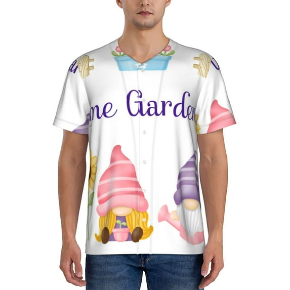 KLL Watercolor Gnome Garden for Men's Baseball Shirts,Short Sleeve Casual Shirts Button Down Shirt for Men Beach Summer Wedding Shirt-Medium