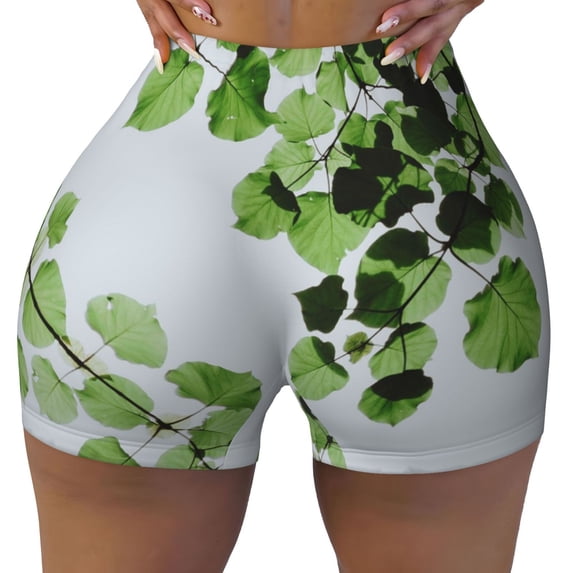 KLL Watercolor Green Leaves Pattern Workout Shorts for Women Scrunch Short Gym Yoga Running Sport Active Exercise Fitness Shorts