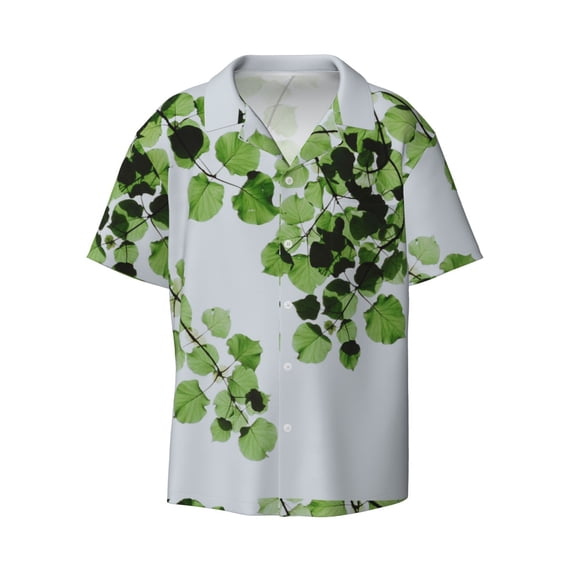 KLL Watercolor Green Leaves Print Men's Shirt Short Sleeve Button Down Summer Cuba Beach Shirts- Small