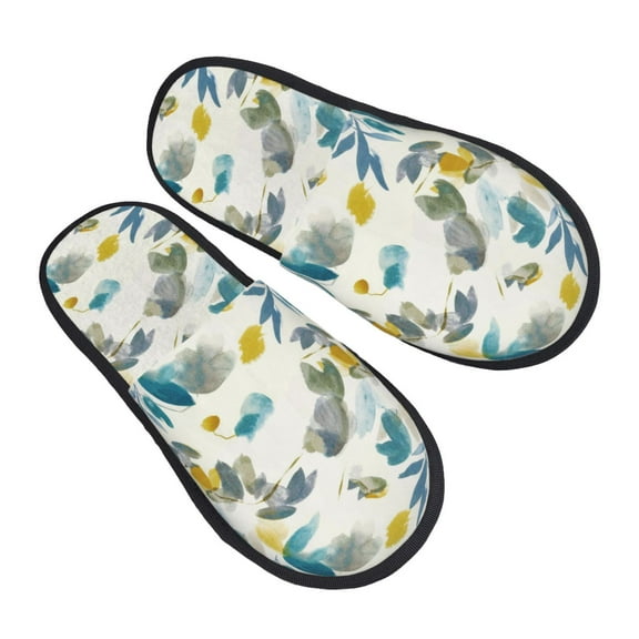 KLL Watercolor Leaves Slippers for Women Men House Slip on Indoor Outdoor Bedroom Furry Fleece Lined Ladies Comfy Anti-Skid Rubber Hard Sole-Medium