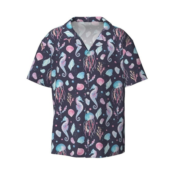 KLL Watercolor Marine Animals Print Men's Shirt Short Sleeve Button Down Summer Cuba Beach Shirts- Small