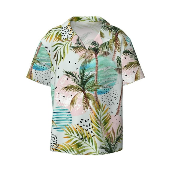 KLL Watercolor Palm Tree Print Men's Shirt Short Sleeve Button Down Summer Cuba Beach Shirts- Medium