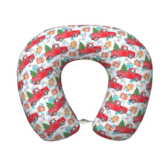 KLL Watercolor Red Truck And Fir Tree Pattern Memory Foam Cervical Neck Pillow Versatile U-Shaped Pillows for Home/Office/Camping/Travelling/Soft Washable Cover