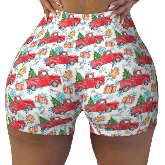 KLL Watercolor Red Truck And Fir Tree Pattern Workout Shorts for Women Scrunch Short Gym Yoga Running Sport Active Exercise Fitness Shorts