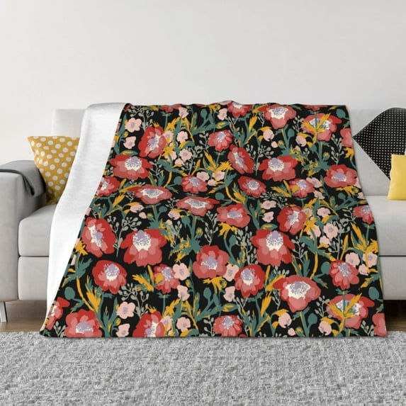KLL Watercolor Red Wildflowers Print Fleece Throw Blanket, Horizontal Fleece Bedding Cute Soft Blankets Comfy Fleece Flannel Plush Home Decor for Couch & Bed -50"x40"
