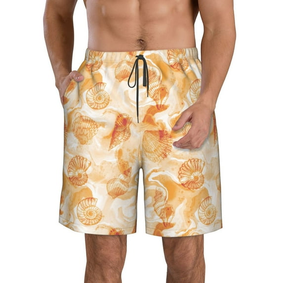 KLL Watercolor Sea Shells Men's Casual Summer Beach Shorts Hawaiian Shorts with Pockets-XX-Large