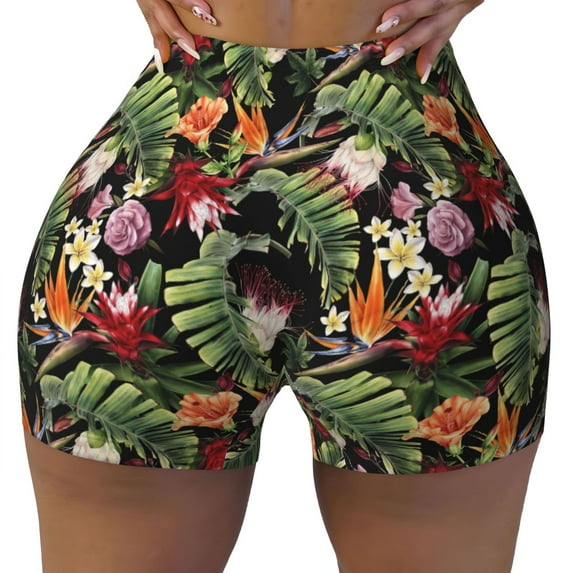 KLL Tropical Flowers (2) Pattern Workout Shorts for Women Scrunch Short Gym Yoga Running Sport Active Exercise Fitness Shorts