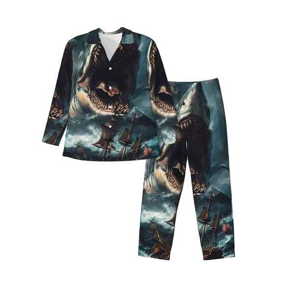 KLL Wave Sailboat Shark Sleepwear Mens Flannel Pajamas,Long Cotton Pj Set