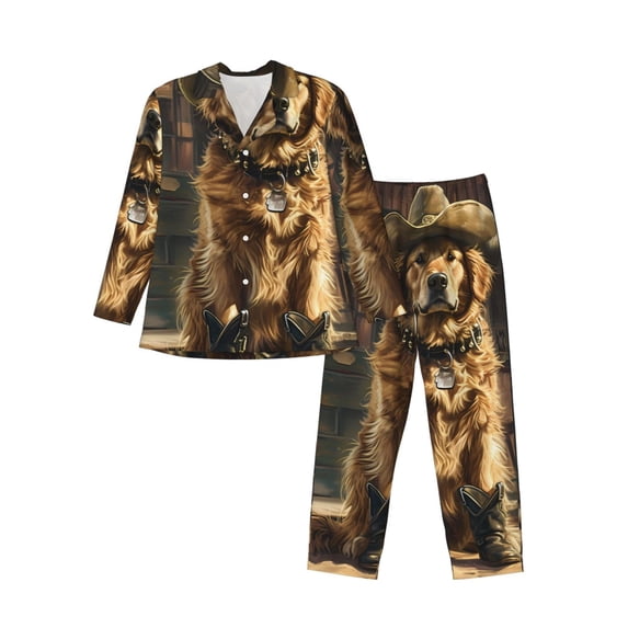KLL Western Cowboy Golden Retriever Sleepwear Mens Flannel Pajamas,Long Cotton Pj Set