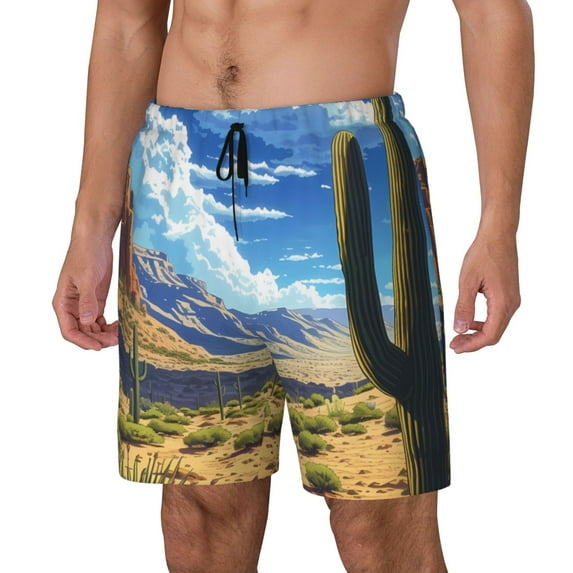 KLL Western Desert Cactus for Mens Swim Trunks Quick Dry Swim Shorts with Built-in Compression Liner Funny Swimwear Bathing Suits-X-Large