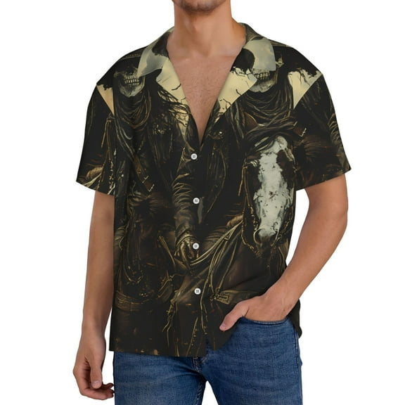KLL Western Desert Skull Cowboy Print Men's Shirt Short Sleeve Button Down Summer Cuba Beach Shirts- XX-Large