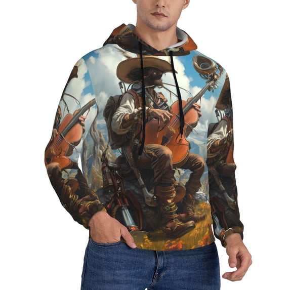KLL Western Guitar Cowboy Print Mens Hoodie Long Sleeve Casual Pullover Hooded Sweatshirt Fashion Drawstring Hoodies with Pocket-4X-Large