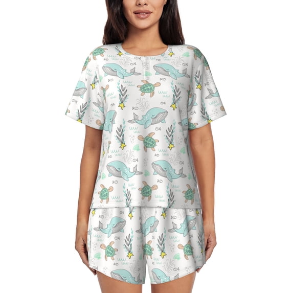 KLL Whale And Turtle Print Pajama Set for Women Short Sleeve Sleepwear Pjs Soft 2 Piece Lounge Sleepwear Sets-Large