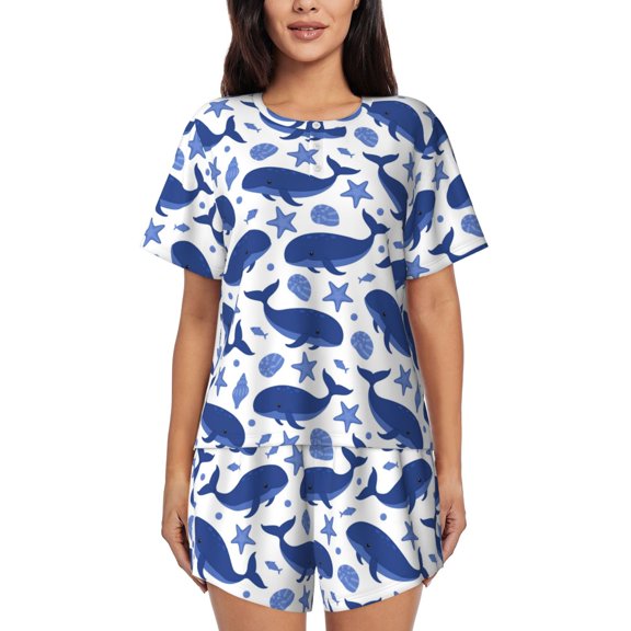 KLL Whale Print Pajama Set for Women Short Sleeve Sleepwear Pjs Soft 2 Piece Lounge Sleepwear Sets-X-Large