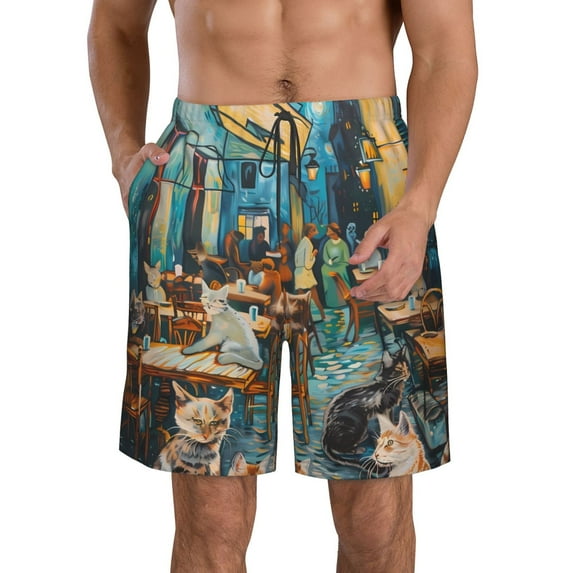 KLL Whimsical Cats Night Cafe Men's Casual Summer Beach Shorts Hawaiian Shorts with Pockets-3X-Large