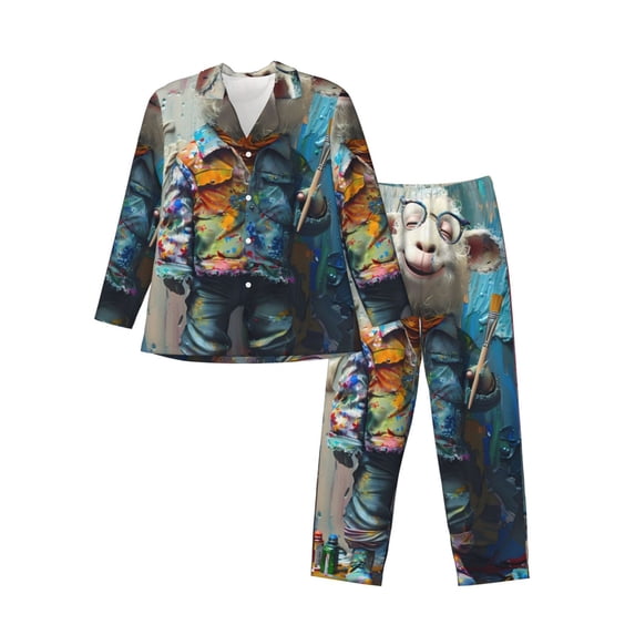 KLL Whimsical Goat Artist Sleepwear Mens Flannel Pajamas,Long Cotton Pj Set