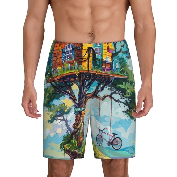 KLL Whimsical Treehouse Painting for Men's 1-Pack Shorts,Sleep Pajama Shorts for Men Soft Pj Shorts Men's Pajama Bottoms Sleepwear -3X-Large