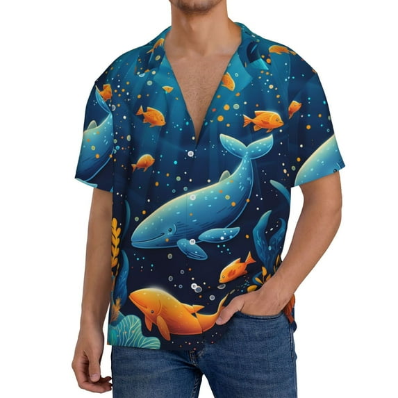 KLL Whimsical Underwater Fantasy Print Men's Shirt Short Sleeve Button Down Summer Cuba Beach Shirts- 4X-Large