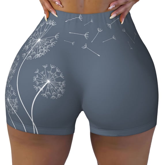 KLL White Dandelion Pattern Workout Shorts for Women Scrunch Short Gym Yoga Running Sport Active Exercise Fitness Shorts