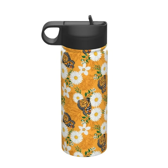 KLL White Floral and Butterflies Pattern 18OZ Water Bottle With Straw,Stainless Steel Sports Water Cup Flask Sports Water Cup Flask Wide Mouth Travel Thermal Mug