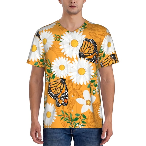 KLL White Floral and Butterflies for Men's Baseball Shirts,Short Sleeve Casual Shirts Button Down Shirt for Men Beach Summer Wedding Shirt-Large