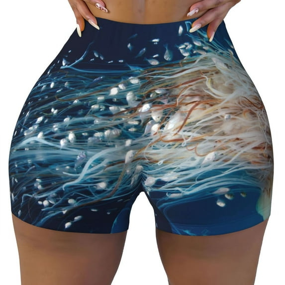 KLL White Jellyfish Dansing in the Ocean Pattern Workout Shorts for Women Scrunch Short Gym Yoga Running Sport Active Exercise Fitness Shorts