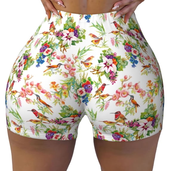KLL Wild Exotic Birds And Flowers Pattern Workout Shorts for Women Scrunch Short Gym Yoga Running Sport Active Exercise Fitness Shorts