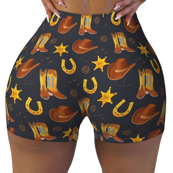 KLL Wild West Golden Horseshoe Pattern Workout Shorts for Women Scrunch Short Gym Yoga Running Sport Active Exercise Fitness Shorts