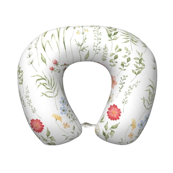 KLL Wildflower Watercolor 2 Pattern Memory Foam Cervical Neck Pillow Versatile U-Shaped Pillows for Home/Office/Camping/Travelling/Soft Washable Cover