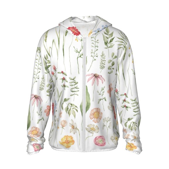 KLL Wildflower Watercolor 2 Print Men's Women’s UPF 50  Sun Protection Outdoor Hoodie Jacket Long Sleeve Fishing Hiking Performance Shirt- XX-Large