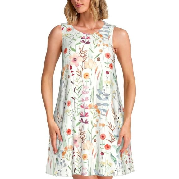 KLL Wildflower Watercolor 4 Pattern Womens Summer Dresses 2025,Loose Round Neck Sleeveless Sundresses Tank Dresses with Pockets