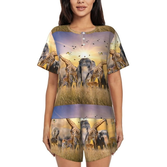 KLL Wildlife Protection Print Pajama Set for Women Short Sleeve Sleepwear Pjs Soft 2 Piece Lounge Sleepwear Sets-X-Large