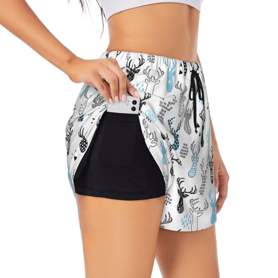 KLL Winter Art Blue and Black Moose Pattern Shorts Women,Athletic Shorts High Waisted Running Shorts Pocket Sporty Short Gym Elastic Workout Shorts-XX-Large
