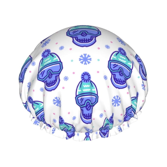 KLL Winter Snowflake Skiing Skull Pattern Shower Cap & Bath Cap for Women,Reversible Oversized Waterproof Shower Caps for all Hair Lengths,Elastic Reusable Bathing Hair Cap