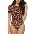 thumbnail image 1 of KLL Women 's Crew Neck Bodysuit Jumpsuits 70s Groovy Hippie Retro Print Short onesies Stretch T Shirts, 1 of 7