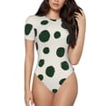 thumbnail image 1 of KLL Women 's Crew Neck Bodysuit Jumpsuits Abstract Green Polka Dot Print Short onesies Stretch T Shirts, 1 of 5