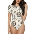 thumbnail image 1 of KLL Women 's Crew Neck Bodysuit Jumpsuits Anchor with Rope Print Short onesies Stretch T Shirts, 1 of 7