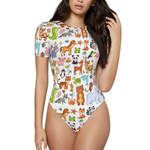 KLL Women 's Crew Neck Bodysuit Jumpsuits Animal Cartoon Style Print Short onesies Stretch T Shirts