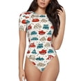 thumbnail image 1 of KLL Women 's Crew Neck Bodysuit Jumpsuits Artoon Car Print Short onesies Stretch T Shirts, 1 of 5