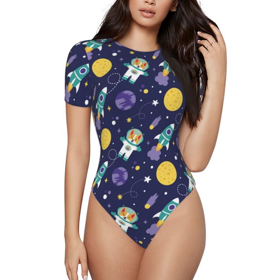 KLL Women 's Crew Neck Bodysuit Jumpsuits Astronaut Corgi Print Short onesies Stretch T Shirts