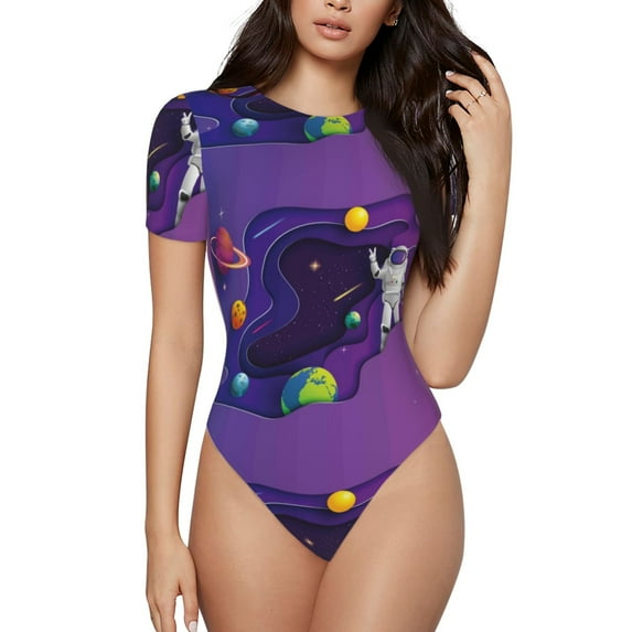 KLL Women 's Crew Neck Bodysuit Jumpsuits Astronaut Print Short onesies Stretch T Shirts